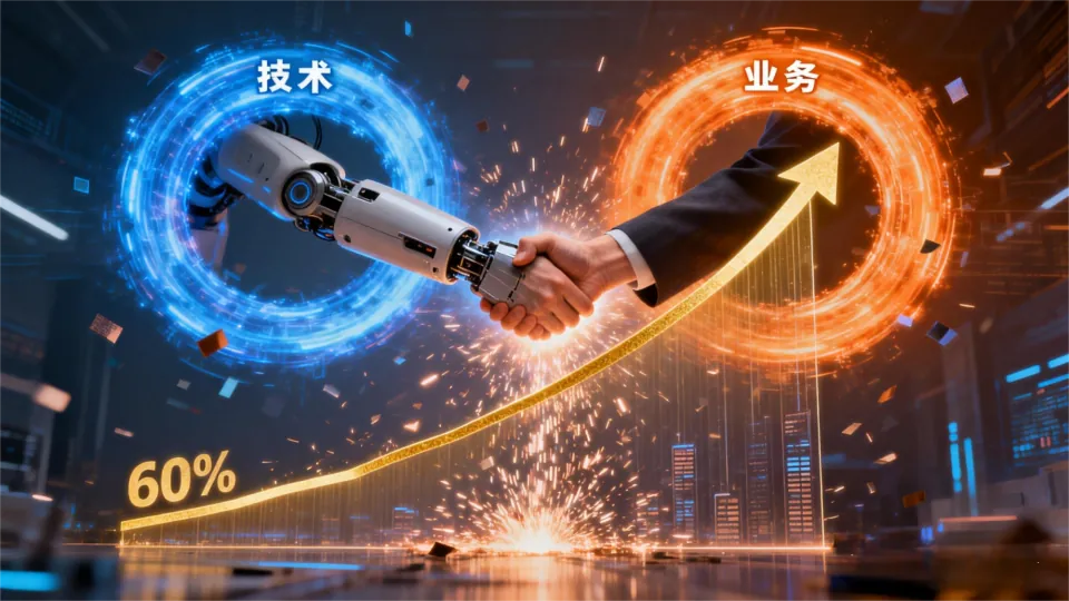 技术与业务握手并带动准确率曲线增长的示意图