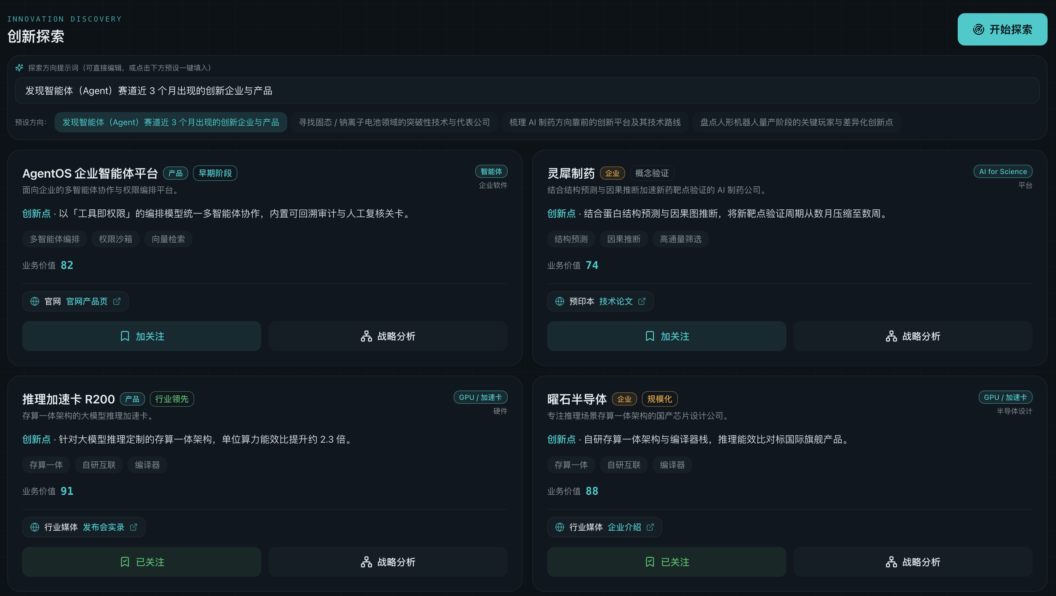 行业情报追踪创新探索页面截图，展示提示词配置与创新企业候选卡片。